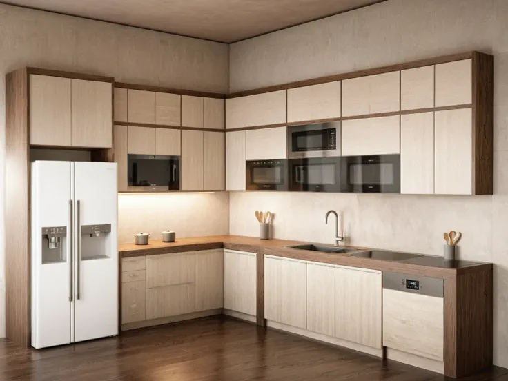 (RAW photo:1) , (masterpiece),(high quality),(realistic), super detailed,a morden kittchen room , a morden kitchen with ,a metal refrigerator and sink , and a microwave and dishwasher, wooden floor
