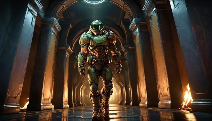 a doom guy walking through a dimly lit corridor, a single light illuminating every 5 meters, a brightly lit portal at the end of...