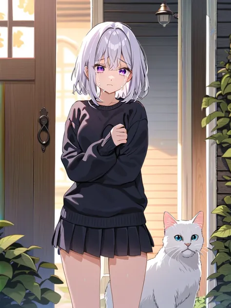 Crying, standing in front of the house, white hair, purple eyes, black sweater, black mini skirt, white cat 