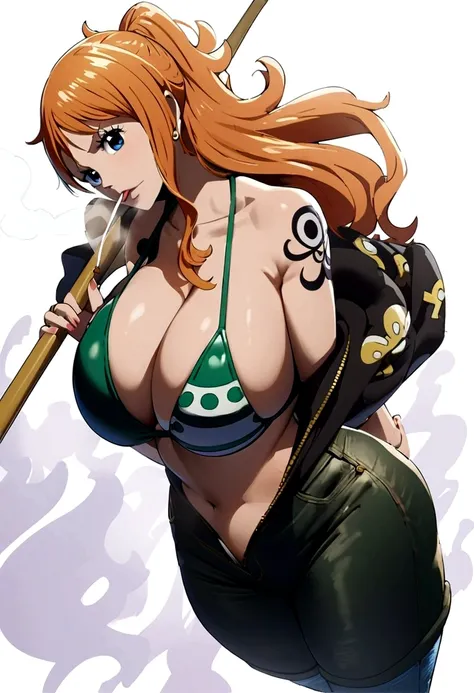 a cartoon picture of a woman in a bikini top and jeans, nami one piece, nami from one piece, nami, beautiful portrait of nami, from one piece, oppai, blue eyes, smoking, ponytail