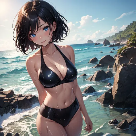 masterpiece, best quality, 1 girl, solo, large breasts, short hair, black hair, dark blue eyes, beach, delighted, tanned skin, big rock, upper body, toppless, (wet:1.3)