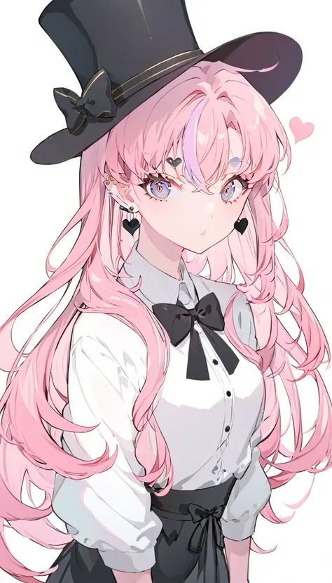 an anime style video game character with pink hair and black and white jacket, 1girl, solo, hat, long hair, top hat, heart, bow, earrings, bowtie, jewelry, black pants, looking at viewer, black bow, simple background, black headwear, shirt