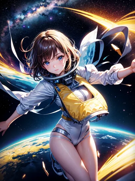 Highest quality,Highest Resolution,A beautiful android girl flying in space,Earth in the background,Milky Way,