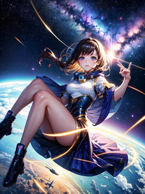 Highest quality,Highest Resolution,A beautiful android girl flying in space,Earth in the background,Milky Way,