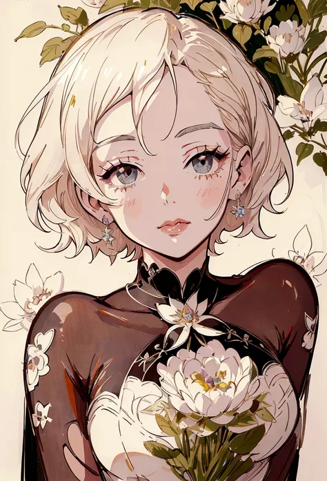 Marilyn Monroe, Anime Style, Short Hair, Platinum Blonde, She is wearing a beautiful embroidered silk dress., Gentle expression, Elegant, Ultra-detailed botanical references, Line Designer, Digital Illustration, Maximalist Botany, beautifully、Aesthetically...