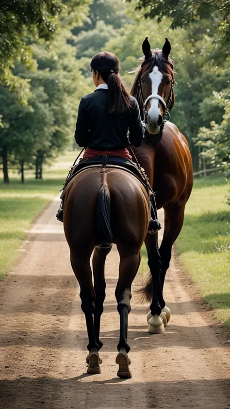 The bell-wearing horse looking back to check on the blind horse, ensuring it stays on the right path while walking together."
