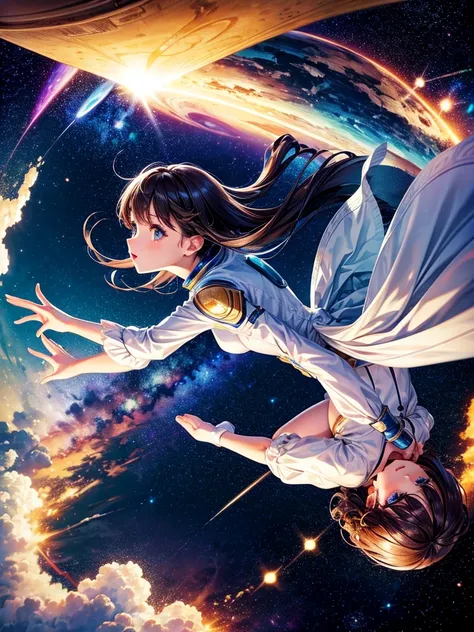 Highest quality,Highest Resolution,A beautiful android girl flying in space,Earth in the background,Milky Way,