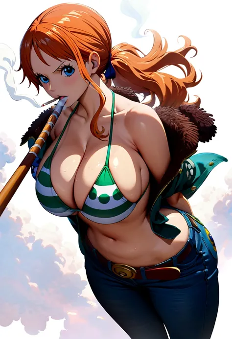 a cartoon picture of a woman in a bikini top and jeans, nami one piece, nami from one piece, nami, beautiful portrait of nami, from one piece, oppai, blue eyes, smoking, ponytail