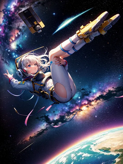 Highest quality,Highest Resolution,A beautiful android girl flying in space,Earth in the background,Milky Way,