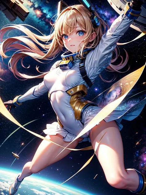 Highest quality,Highest Resolution,A beautiful android girl flying in space,Earth in the background,Milky Way,