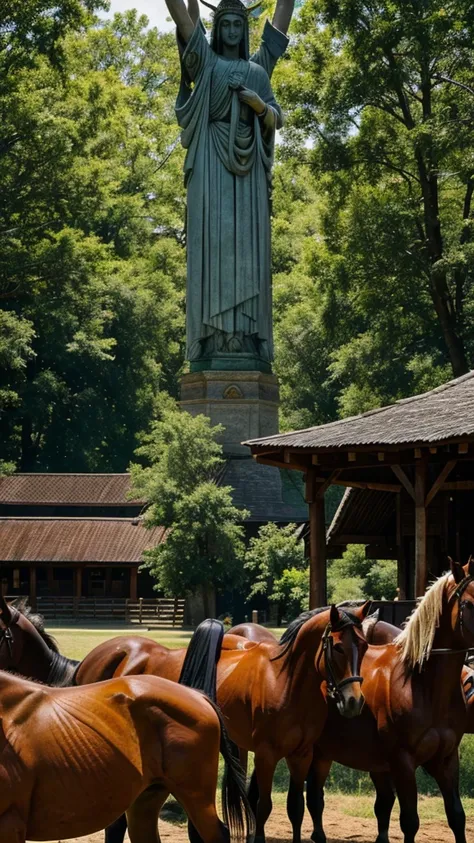  symbolic scene showing a divine presence watching over the horses, representing Gods care and protection for all beings regardless of their flaws."
