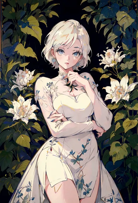 Marilyn Monroe, Anime Style, Short Hair, Platinum Blonde, She is wearing a beautiful embroidered silk dress., Gentle expression, Elegant, Ultra-detailed botanical references, Maximalist Botany, beautifully、Aesthetically beautiful illustration masterpiece, ...