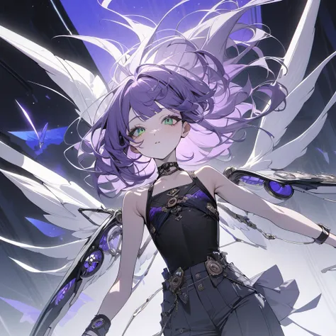 (exceptional, best aesthetic, new, newest, best quality, extremely detailed, :1.2),8k, white theme, blue theme,
a girl is wearing A suit with mechanical wings, with pale-purple hair, a dynamic angle from front, wavy hair blowing in the wind, blunt bangs ha...