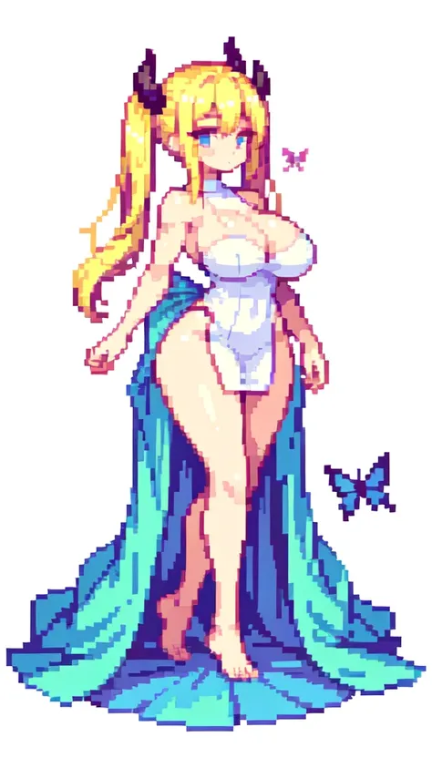 butterfly sitting position, v arms,{{long legs}},devil,barefoot,{{very muscular}},{{very gigantic breasts}} ,{{very curvy}} , ,masterpiece , best quality , pixel art , 1 girl ,{full body},  voluptuous ,twintails,blonde hair ,white dress,white background