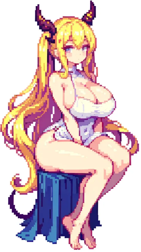 butterfly sitting position, v arms,{{long legs}},devil,barefoot,{{very muscular}},{{very gigantic breasts}} ,{{very curvy}} , ,masterpiece , best quality , pixel art , 1 girl ,{full body},  voluptuous ,twintails,blonde hair ,white dress,white background