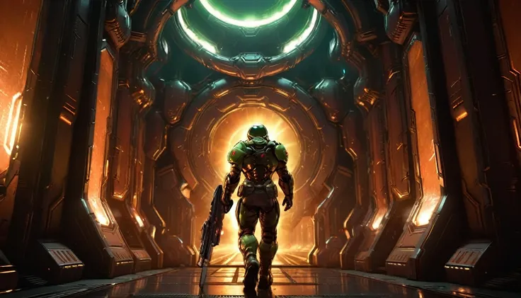 doom guy in a dark metal corridor, walking towards a bright portal, holding a futuristic weapon, backside view, highly detailed,...