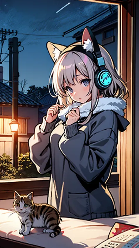 Anime Girls, Wearing a large sweater, Wearing headband headphones, praise, quiet, quiet雰囲気, cold, Looking out the bedroom window, night, quiet night, Cat, masterpiece, Highest quality