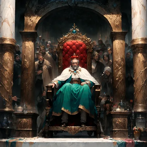 Throne room scenery,oil painting style,king sitting on the throne,Subjects prostrating,Subjects clothing details,There is a distance between the kings throne and his subjects.,BREAK,(The king is a middle-aged man,A king with absolute power who looks down o...