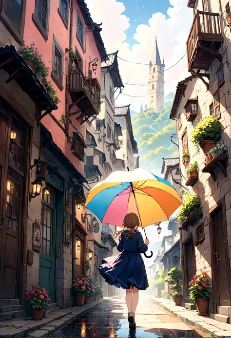 cuteイラスト: landscape,Street corner on a rainy day,絵本に出てくるようなlandscape,Emotional,Girl is walking,break,(Girl with an umbrella),umbrella,Anatomically correct,break,Create an artistic background,Add a drop pattern to the background,The street is colorful, Fair...