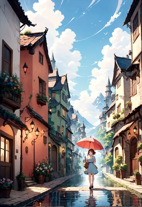 cuteイラスト: landscape,street corner on a rainy day,絵本に出てくるようなlandscape,emotional,girl is walking,break,(girl with an umbrella),umb...