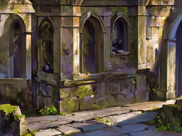 (background),(rule of thirds),(realistic illustration:1.3). Sunrise. Outside of moss covered Gothic church, in the middle of an Old World city, (stone gargoyles). Masterpiece, best quality(highly detailed:1.2),(detailed face and eyes:1.2), depth of field, ...