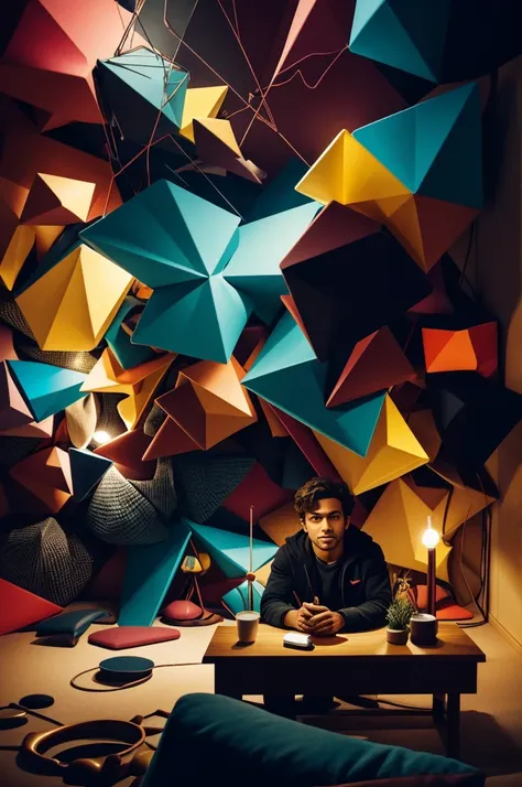 an image of a person sitting in a cozy, dimly lit room, surrounded by a whirlwind of abstract shapes and colors 