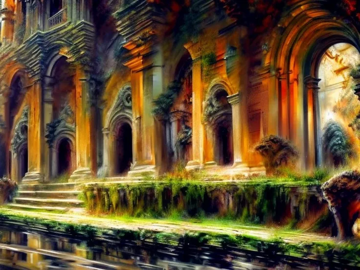 (background),(rule of thirds),(realistic illustration:1.3). sunrise. outside of moss covered gothic church, in the middle of an ...