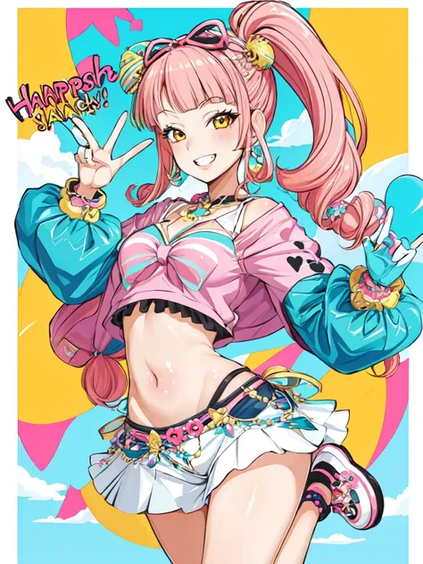 1girl, flashy gyaru, happy, showy,too many accessories, colorful ,  kogal, grin, 
 ponytail, pink hair