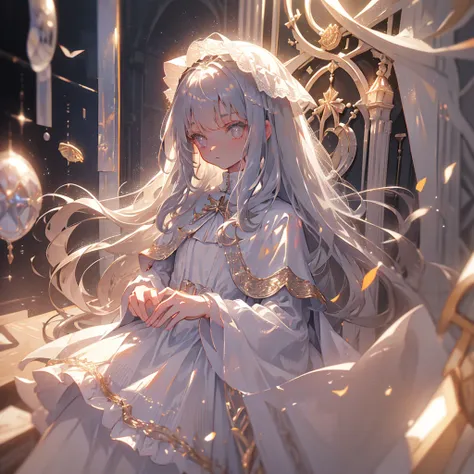 8K, (Tabletop), (High resolution), (dramatic), (Natural light), (small), 1 Girl, young, Baby Face, Flat Chest, , Gray Hair, Long Hair, (Straight Hair Skin)), Beautiful Hair, White clothes, dress, Long bangs, ((Cape)), White Skirt, (uniform)