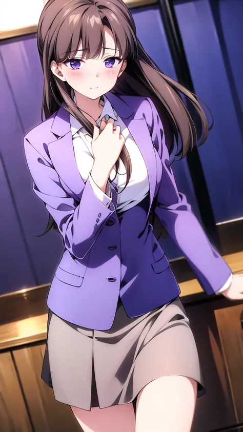 fujino ninno, light_brown  hair,wearing a lavender suit, skirt, white blouse,high quality,4k,