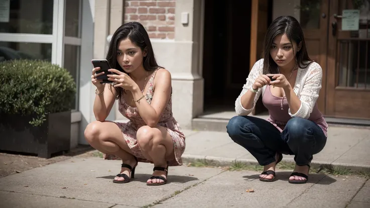 (smaug drahthaar), woman in pink dress squatting down on a brick sidewalk taking a picture, checking her cell phone, a photoreal...