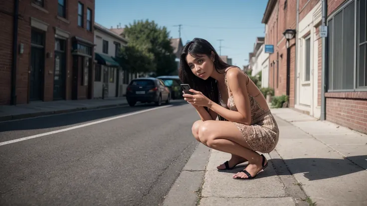 (smaug drahthaar), woman in pink dress squatting down on a brick sidewalk taking a picture, checking her cell phone, a photoreal...