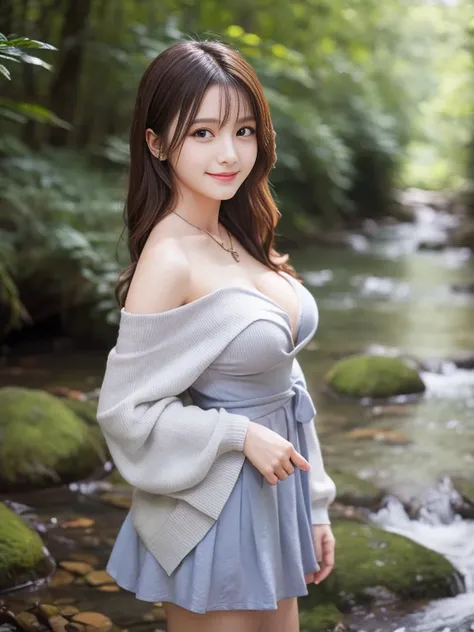 Photo-realistic quality、A 20-year-old female idol taking a photo wearing a thin light gray-blue mini dress, Narrow waist, Beautiful Japanese Model、 Slightly larger breasts、Cleavage、Wearing a necklace、Full body image, Detailed Images, Flared mini skirt、Beau...