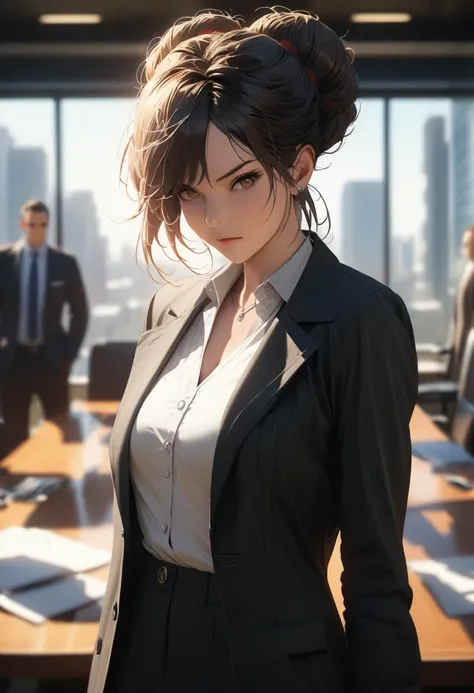 (best quality, 8k, masterpiece, highres, ultra-detailed), photorealistic, woman, boardroom, confident, tailored black pantsuit, sharp vertical lines, open jacket, crisp white blouse, V-neckline, sleek bun, determined expression, leadership, authority, blur...