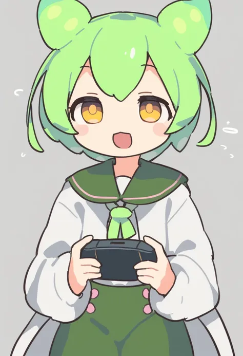 one girl,zundamon,voice box ,green hair,、white of the eyes、funny face,simple white background、no text,playing games