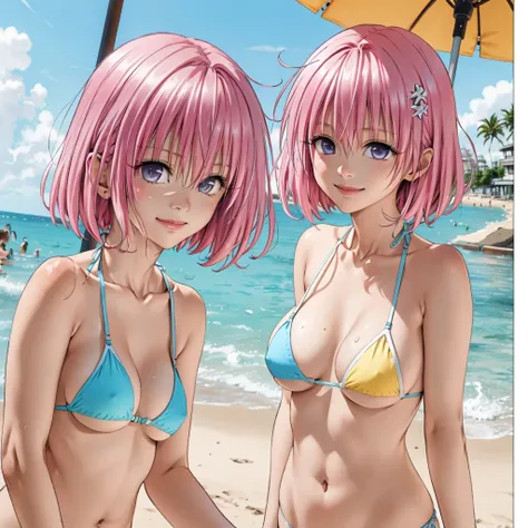 masterpiece, Highest quality, 1 Girl, Momo Belia Deviluke, hair ornaments, Bobcut, short hair, Pink Hair, smile, 1 Girl、((チェック柄Micro Bikini:1.3、Face Enhancement:1.3, ))、 (masterpiece)、 (Highest quality)、(Shiny Hair)、(Glowing Skin)(Glowing Skin)、1 girl, alo...