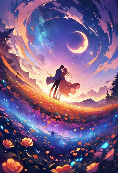 super wide angle，Sky，Open rose fields，（Man and woman kiss in the wind），（full moon：0.9），（nebula：1.1），distant mountains，Tree，（Cold light：1.2），Lots of purple and orange，Rich in details，dream，magic