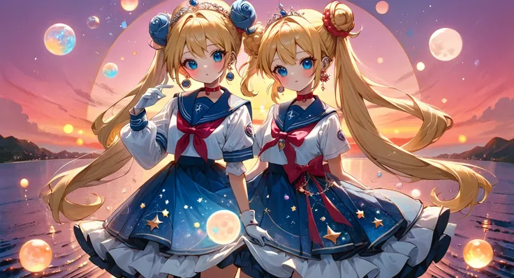 (masterpiece, best quality, very aesthetic, ultra detailed), intricate details, 4k, aausagi, sailor moon, long hair, blonde hair, double bun, twintails, parted bangs, tiara, earrings, blue eyes, red choker, blue sailor collar, red bow, white shirt, elbow g...