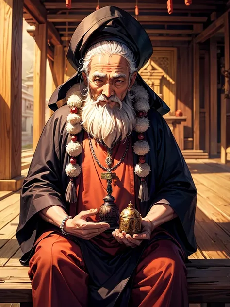 Highest quality,Highest Resolution,An old monk holding a rosary,temple,