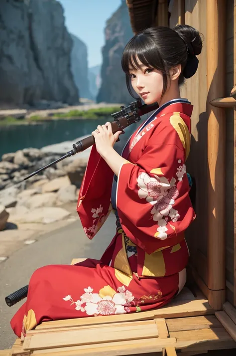 Draw a woman wearing a kimono　
In a cartoon stylehave a sniper