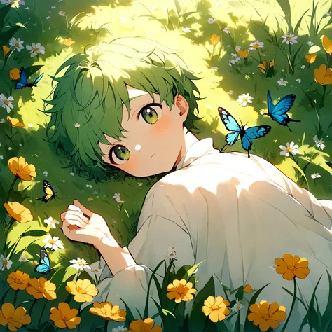 A nature-inspired anime boy with soft, green hair and delicate features, lying in a field of lush grass and wildflowers. The background includes playful butterflies and birds, enhancing the whimsical, peaceful vibe. hd quality