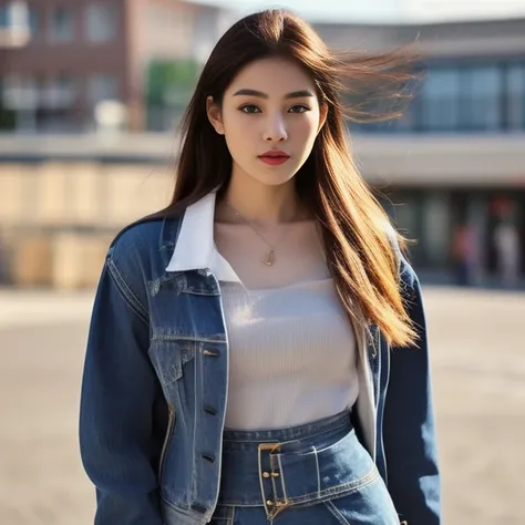 A woman in a jeans skirt and jacket walks down the street., Photo of a thin girl model, fashion model, korean womens fashion model, beautiful female model, sexy style, Wear a camisole and boots., Thin waist and thick hips, Photo of a thin girl, Wear simple...