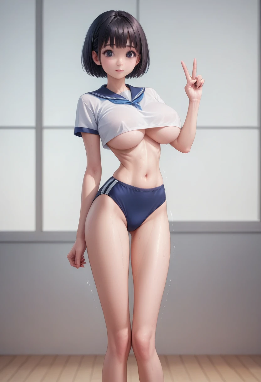 (masterpiece, best quality:1.2), realistic, High contrast, behind shot, 1girl, kawaii, (super big breasts, micro waist, very long legs:1.3), Black hair, short bob hair, short height, scrawny and thin body, Light Skin, cute big eyes, cute beautiful thin fac...