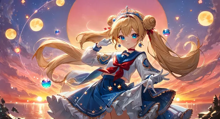 (masterpiece, best quality, very aesthetic, ultra detailed), intricate details, 4k, aausagi, sailor moon, long hair, blonde hair, double bun, twintails, parted bangs, tiara, earrings, blue eyes, red choker, blue sailor collar, red bow, white shirt, elbow g...