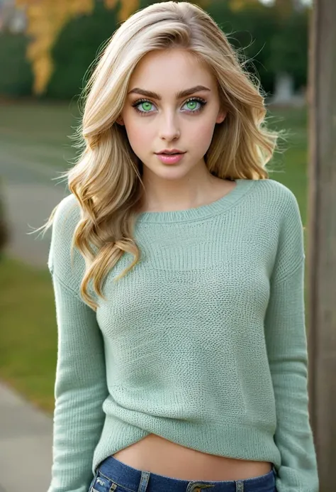 Blonde, slim waist, big green hazel eyes, big pupils, a very beautiful American girl, beautiful girl, 25 years old, wearing a loose sweater and loose linen jeans underneath.