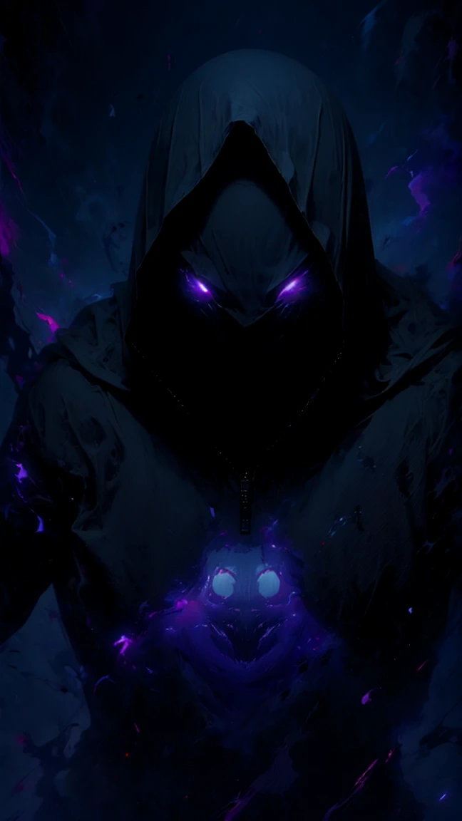 (best qualityer, ultra detaild), tenebrosa, hood man, olhos luminosos, expressionless robotic face,technological background, surrounded by purple light, with striking rays near the eyes, slightly defined face