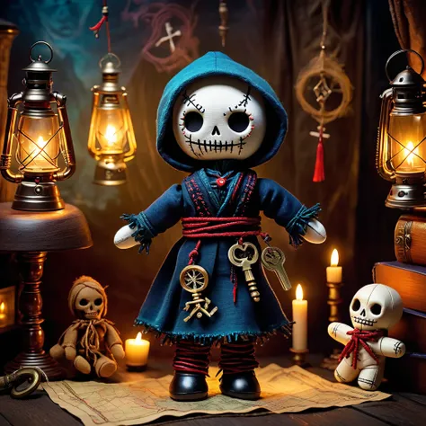 (knitted toy voodoo doll:1.7), (Voodoo Phantom Traveler:1.3), (Clothing: spectral robes with ancient map patterns, ethereal boots:1.0), (Accessories: ghostly compass, floating lantern, ancient key:1.2), (background: haunted crossroads with flickering light...