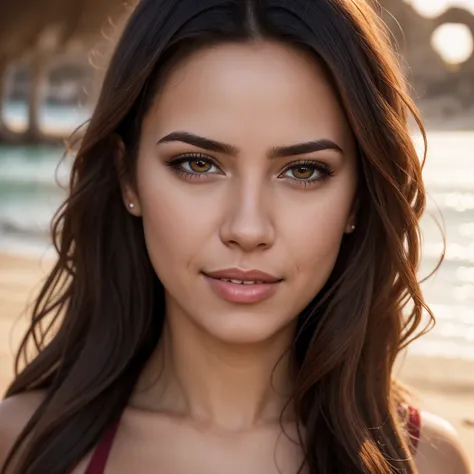 1girl, at the beach, at sunset, blonde hair, hair over shoulder, long hair, very long hair, big hair, mole under eye, longeyelashes, heterochromia, pout, seductive smile, Contemporary art, cowboy shot, bokeh, 85mm, f/2.8, Sony FE GM, UHD, masterpiece, accu...