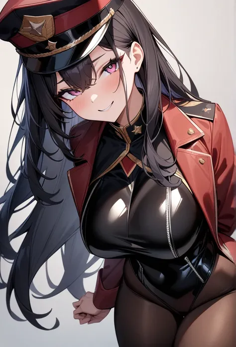 masterpiece, best quality, very aesthetic, absurdres, 1girl, looking at viewer, cowboy shot, long hair,black hair large breasts, enamel leotard,military jacket,military hat,pantyhose,seductive smile,pink eyes, simple background