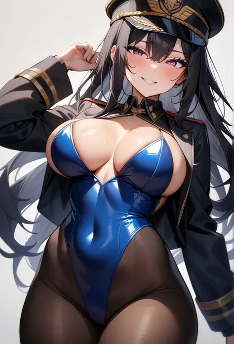 masterpiece, best quality, very aesthetic, absurdres, 1girl, looking at viewer, cowboy shot, long hair,black hair large breasts, enamel leotard,military jacket,military hat,pantyhose,seductive smile,pink eyes, simple background